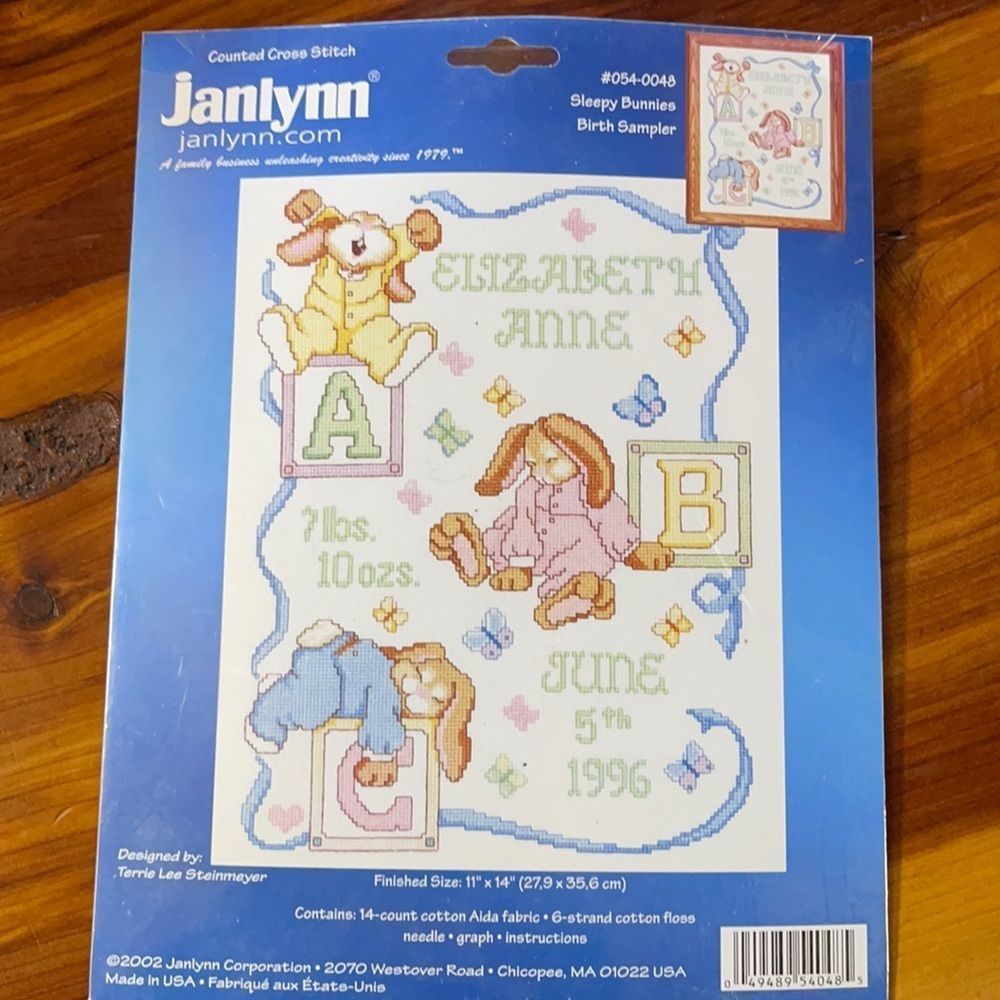 Janlynn “Sleepy Bunnies” Birth Sampler Counted Cross Stitch NEW